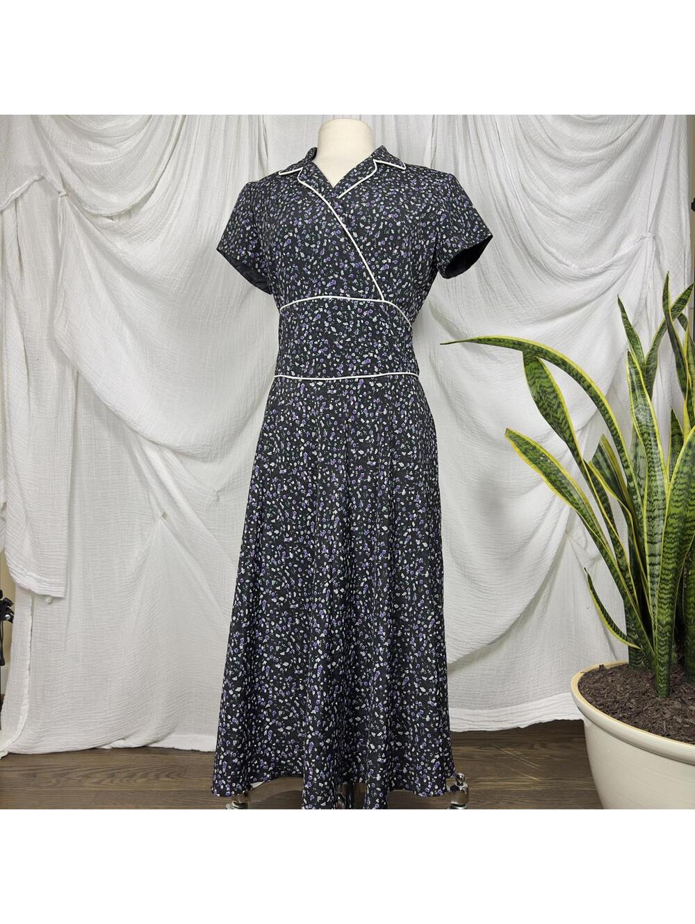 Vintage 80s Cottage Black & Purple Floral Maxi Dress Size 14